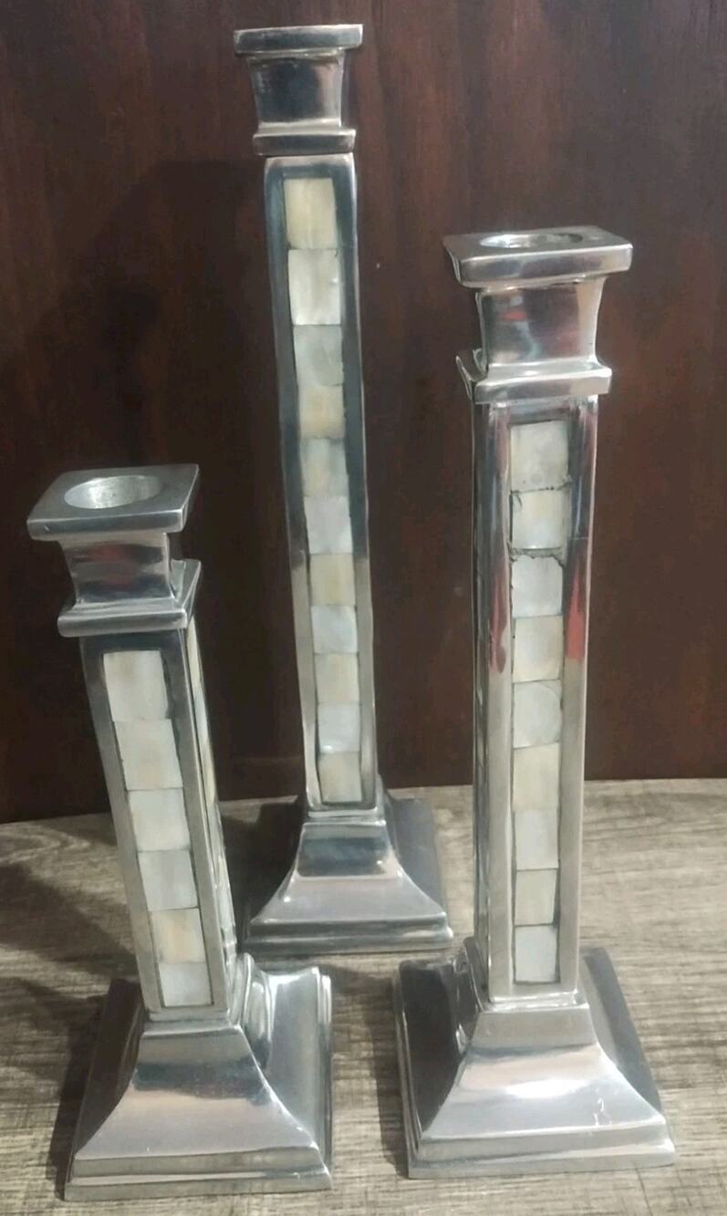 Vintage Set of 3 Towle Silversmiths Mother Pearl Candlestick Holders 12" 10” 8”